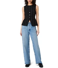 French Connection Wide Pinstripe Suiting Jewel Neck Sleeveless Button Front Top