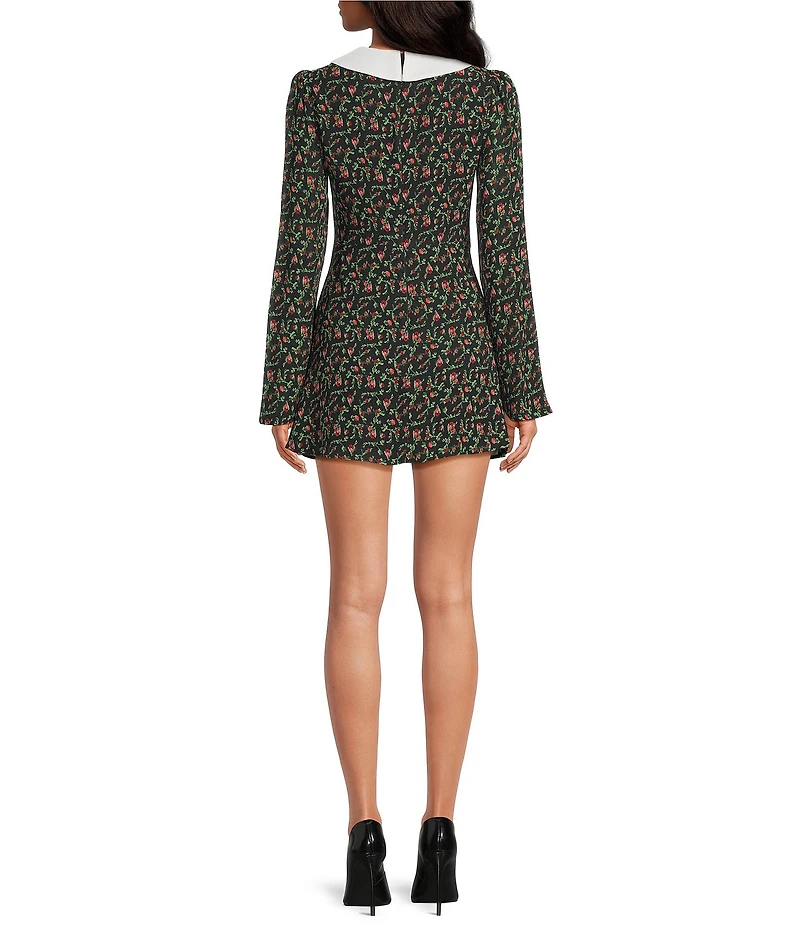 French Connection Yasmin Floral Print Crepe Bow Collared Long Sleeve Mini Dress