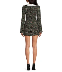 French Connection Yasmin Floral Print Crepe Bow Collared Long Sleeve Mini Dress
