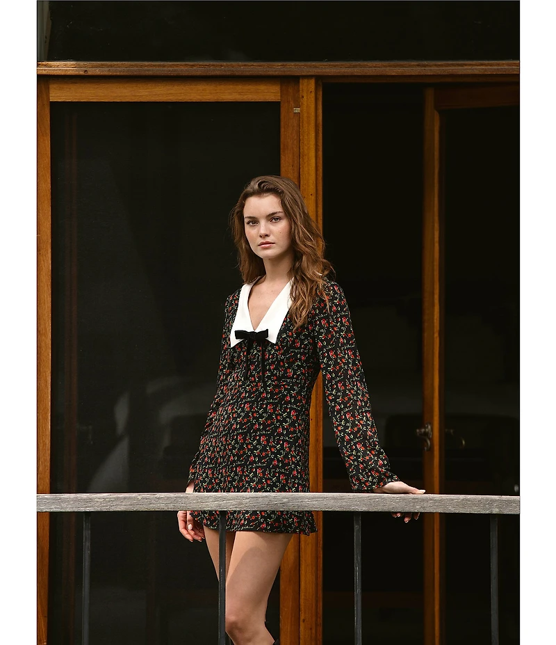 French Connection Yasmin Floral Print Crepe Bow Collared Long Sleeve Mini Dress