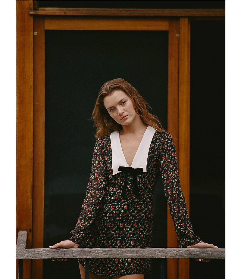 French Connection Yasmin Floral Print Crepe Bow Collared Long Sleeve Mini Dress