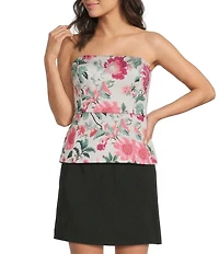 French Connection York Satin Floral Print Strapless Top