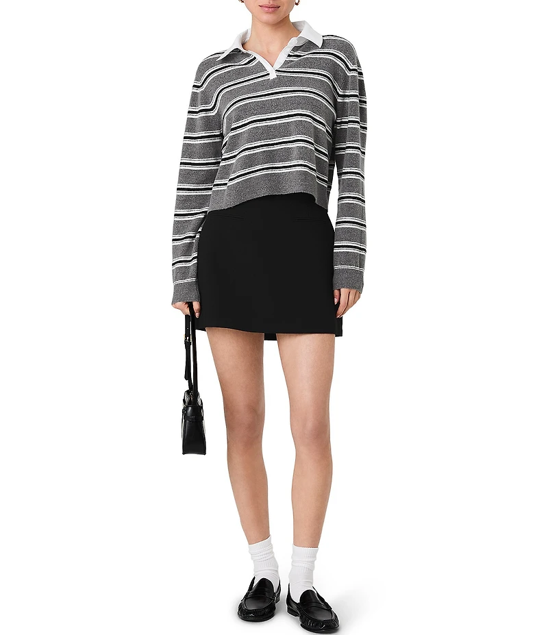 French Connection Yulia Knit Campus Stripe Contrast Collar Long Sleeve Pullover Top