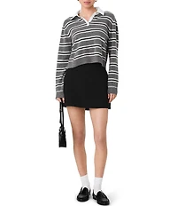 French Connection Yulia Knit Campus Stripe Contrast Collar Long Sleeve Pullover Top