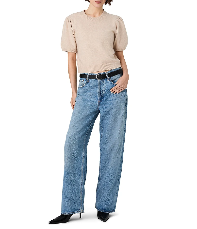 French Connection Yulia Knit Round Neck Short Puff Sleeve Top