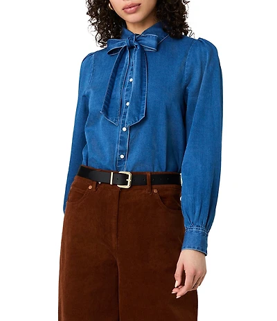 French Connection Zaves Chambray Bow Neck Tie Long Sleeve Top