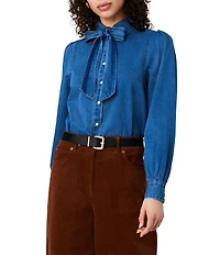 French Connection Zaves Chambray Bow Neck Tie Long Sleeve Top
