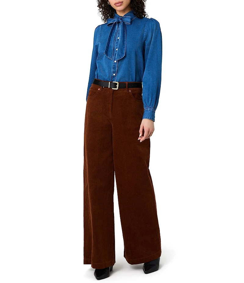 French Connection Zaves Chambray Bow Neck Tie Long Sleeve Top