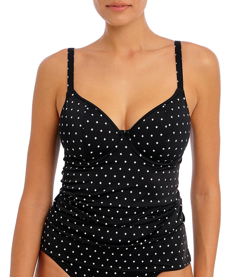 Freya Jewel Cove Dotted Print Non-Padded Plunge V-Neck Extended Bra Sizes Underwire Tankini Swim Top