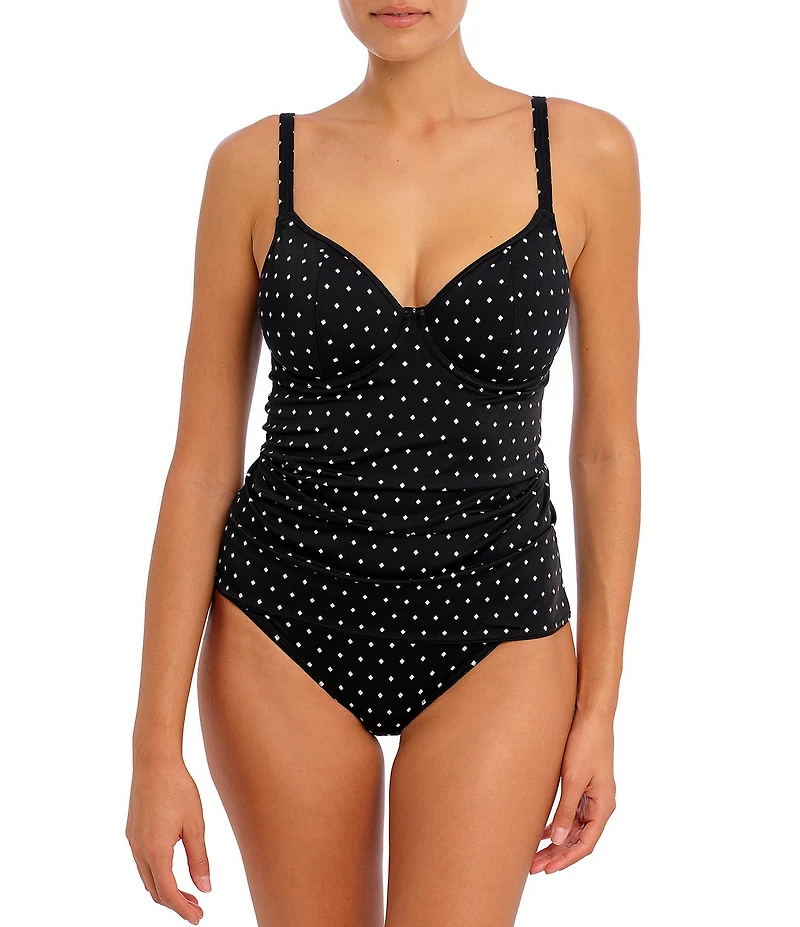 Freya Jewel Cove Dotted Print Non-Padded Plunge V-Neck Extended Bra Sizes Underwire Tankini Swim Top