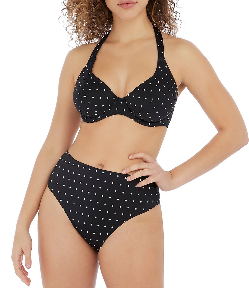 Freya Jewel Cove Dotted Print Plunge V-Neck Extended Bra Size Underwire Halter Tie Bikini Swim Top
