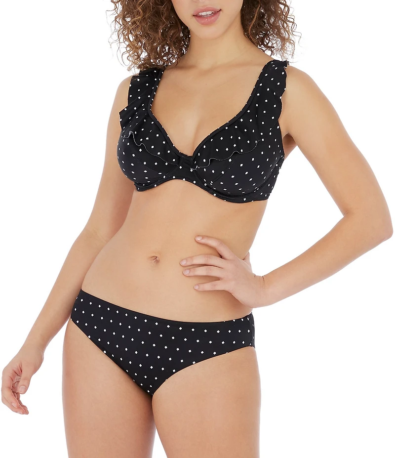 Freya Jewel Cove Hi-Apex Dotted Print Plunge V-Neck Waterfall Edge Extended Bra Sizes Underwire Bikini Swim Top