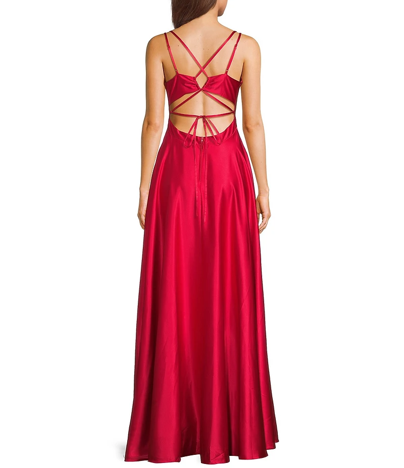B. Darlin Front Slit Ball Strappy Back Satin Gown