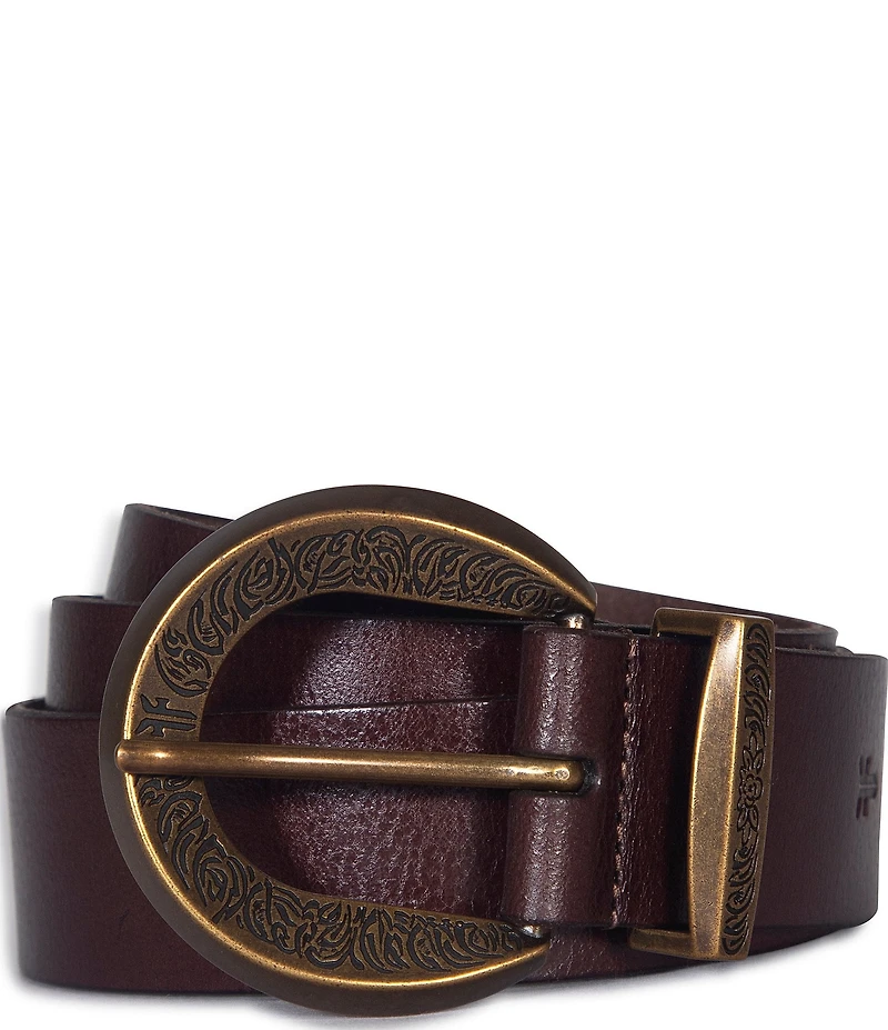 Frye 1.4#double; Genuine Leather Engraved Buckle Belt