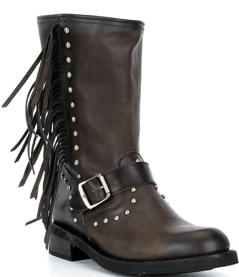 Frye Viv Fringe Studded Leather Engineer Mid Calf Boots