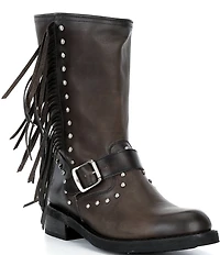 Frye Viv Fringe Studded Leather Engineer Mid Calf Boots