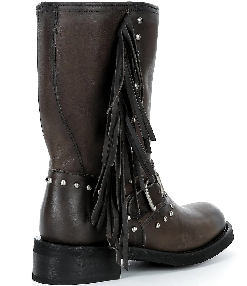 Frye Viv Fringe Studded Leather Engineer Mid Calf Boots