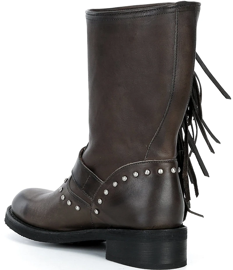 Frye Viv Fringe Studded Leather Engineer Mid Calf Boots