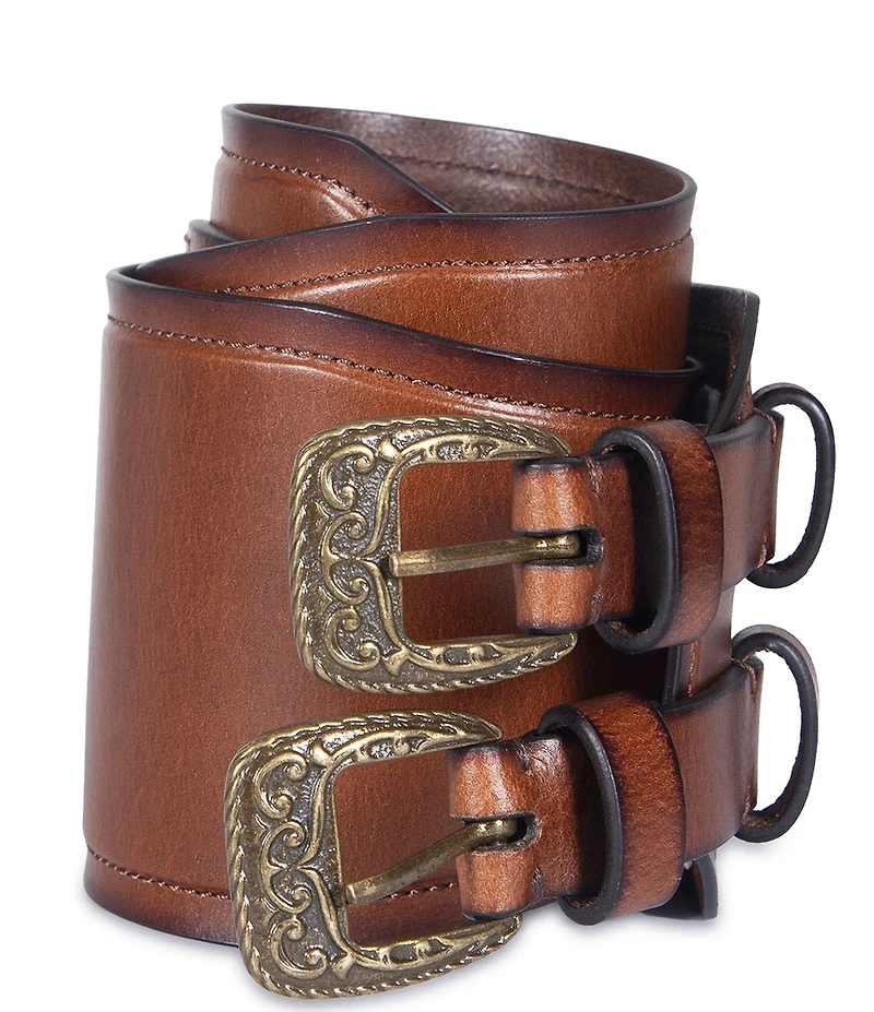 Frye 3.34#double; Western Waist Double Buckle Wide Leather Belt