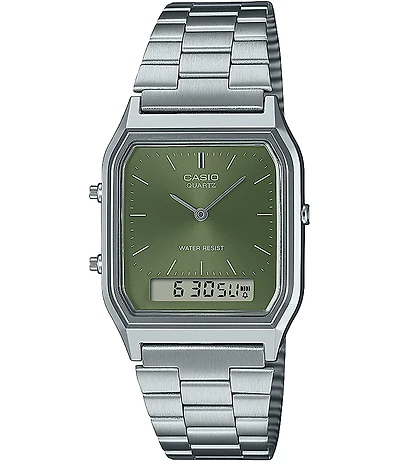 G-Shock Unisex Casio Ana-Digi Solid Stainless Steel Green Dial Bracelet Watch