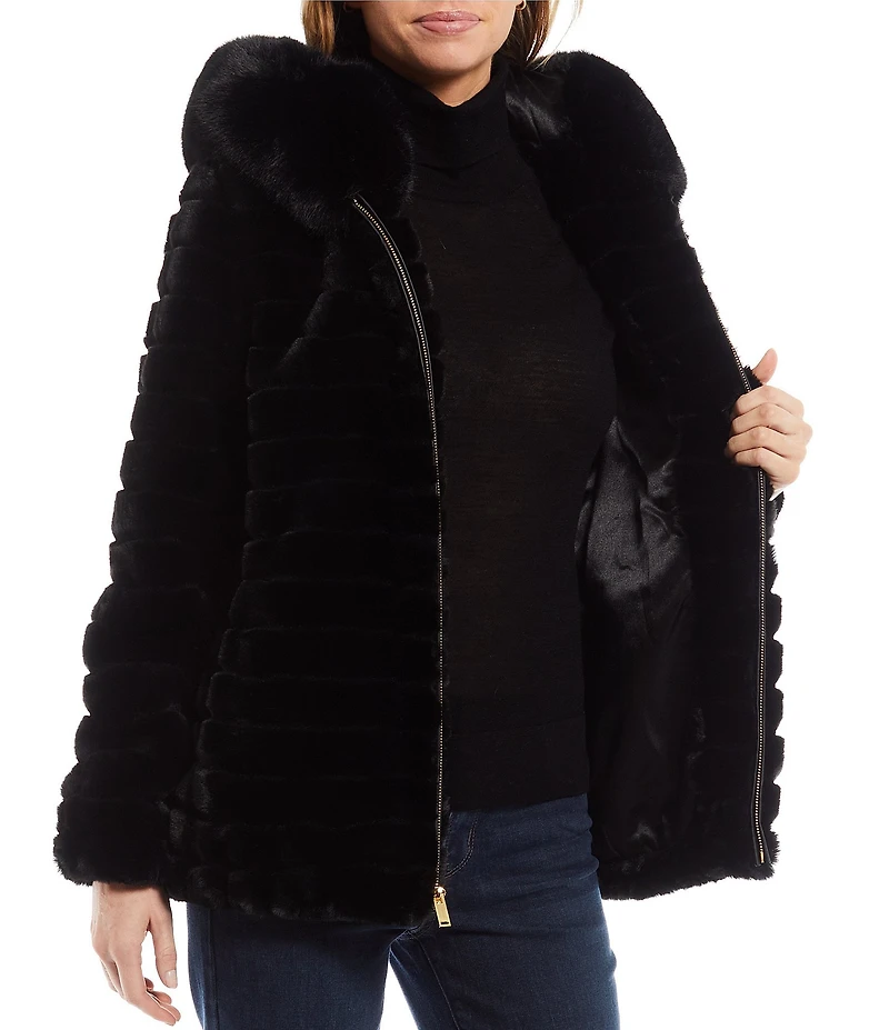 Gallery Faux Fur Stand Collar Long Sleeve Grooved Hooded Jacket