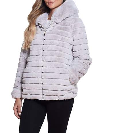Gallery Faux Fur Stand Collar Long Sleeve Grooved Hooded Jacket