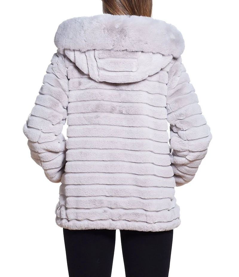 Gallery Faux Fur Stand Collar Long Sleeve Grooved Hooded Jacket