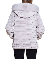 Gallery Faux Fur Stand Collar Long Sleeve Grooved Hooded Jacket