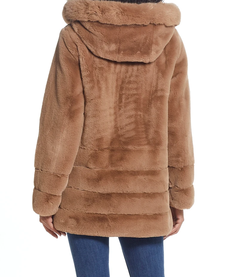 Gallery Grooved Water Resistant Faux Fur Stand Collar Hooded Snap Front Swing Coat