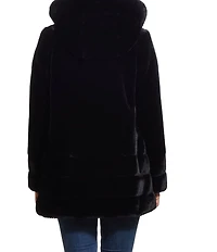 Gallery Grooved Water Resistant Faux Fur Stand Collar Hooded Snap Front Swing Coat