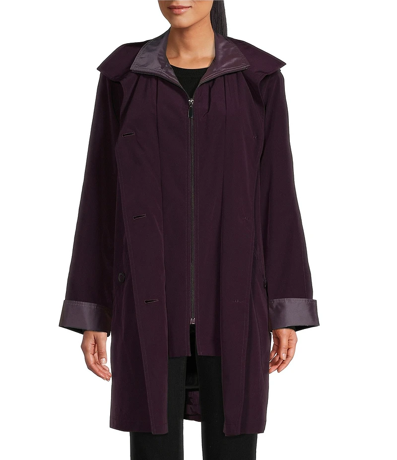 Gallery Silk Bib Stand Collar Detachable Hood Pocketed Rain Coat