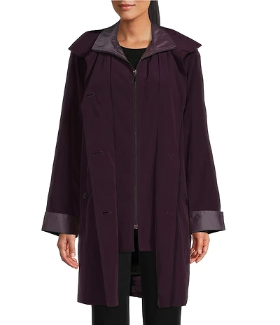 Gallery Silk Bib Stand Collar Detachable Hood Pocketed Rain Coat