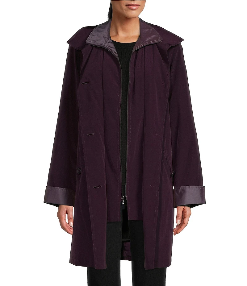 Gallery Silk Bib Stand Collar Detachable Hood Pocketed Rain Coat