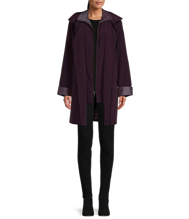 Gallery Silk Bib Stand Collar Detachable Hood Pocketed Rain Coat