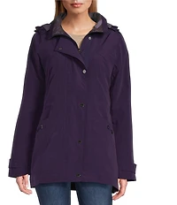 Gallery Solid Notch Collar Internal Drawcord Snap Front A-line Rain Jacket