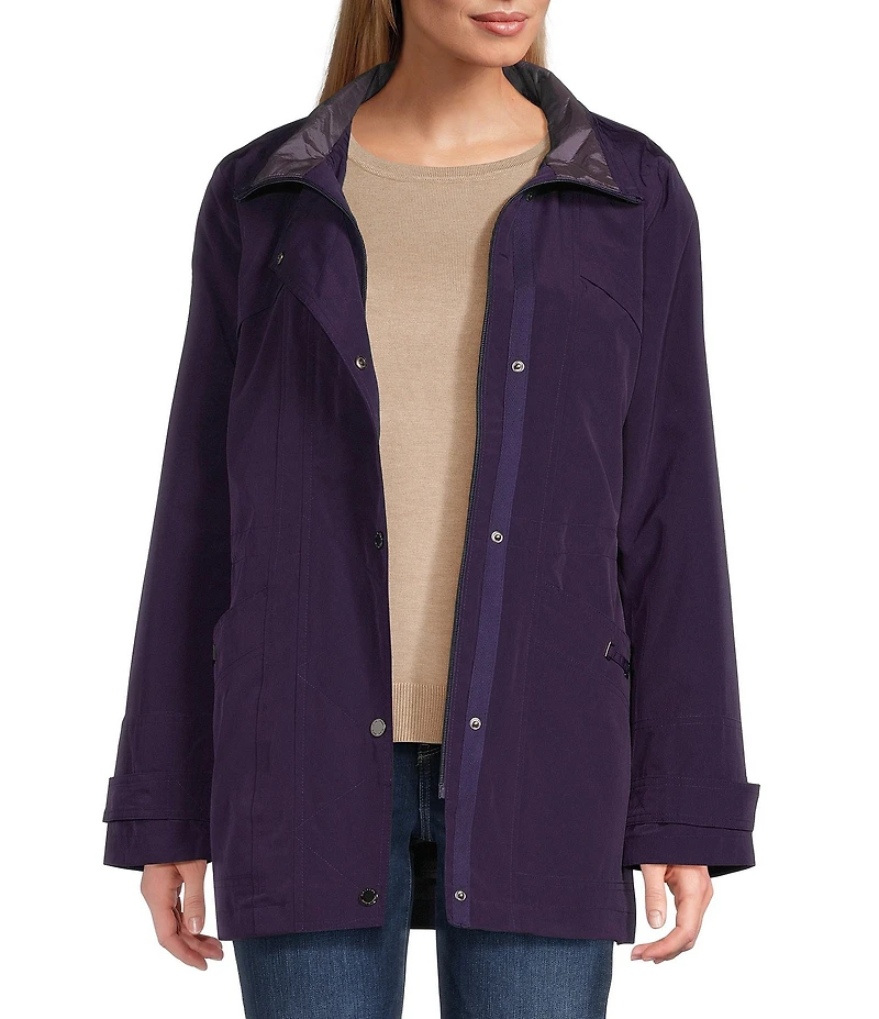Gallery Solid Notch Collar Internal Drawcord Snap Front A-line Rain Jacket