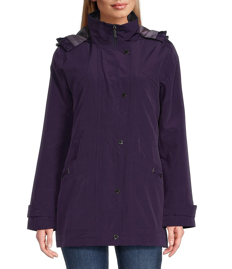 Gallery Solid Notch Collar Internal Drawcord Snap Front A-line Rain Jacket