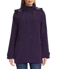 Gallery Solid Notch Collar Internal Drawcord Snap Front A-line Rain Jacket