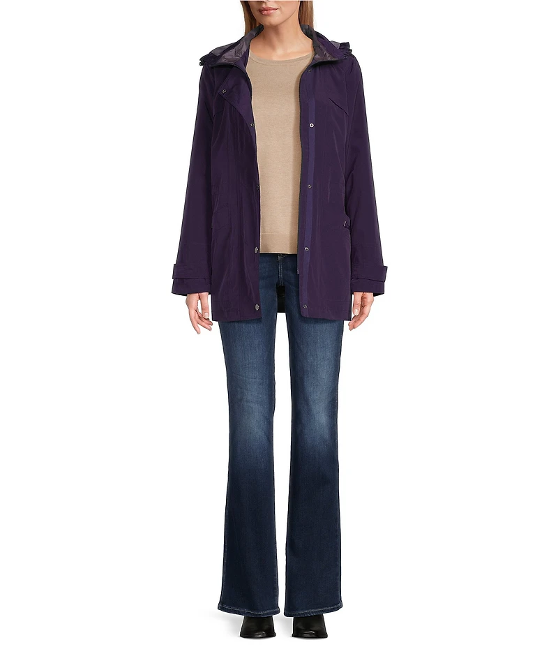 Gallery Solid Notch Collar Internal Drawcord Snap Front A-line Rain Jacket