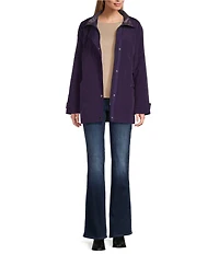 Gallery Solid Notch Collar Internal Drawcord Snap Front A-line Rain Jacket