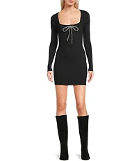 GB Beaded Bow Long Sleeve Sweater Mini Dress