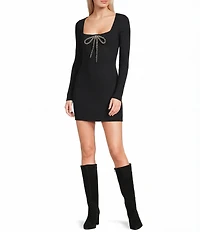 GB Beaded Bow Long Sleeve Sweater Mini Dress