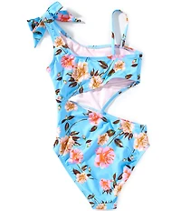 GB Big Girls Floral Print One Shoulder Cut Out One-Piece Swimsuit