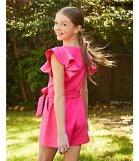 GB Big Girls Solid Tiered Ruffle Sleeve Tie Front Romper