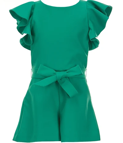 GB Big Girls Solid Tiered Ruffle Sleeve Tie Front Romper