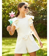 GB Big Girls Solid Tiered Ruffle Sleeve Tie Front Romper