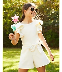 GB Big Girls Solid Tiered Ruffle Sleeve Tie Front Romper