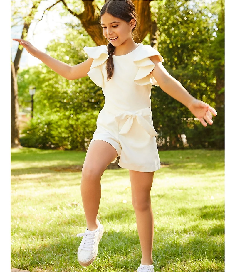 GB Big Girls Solid Tiered Ruffle Sleeve Tie Front Romper