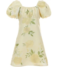 GB Big Girls Floral Print Empire Waist Tie Back Puff Sleeve Dress