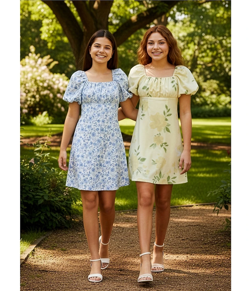 GB Big Girls Floral Print Empire Waist Tie Back Puff Sleeve Dress